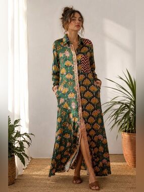Printfresh Mixed Print Maxi Shirt Dress Small Boho Art Deco Long Sleeve Button